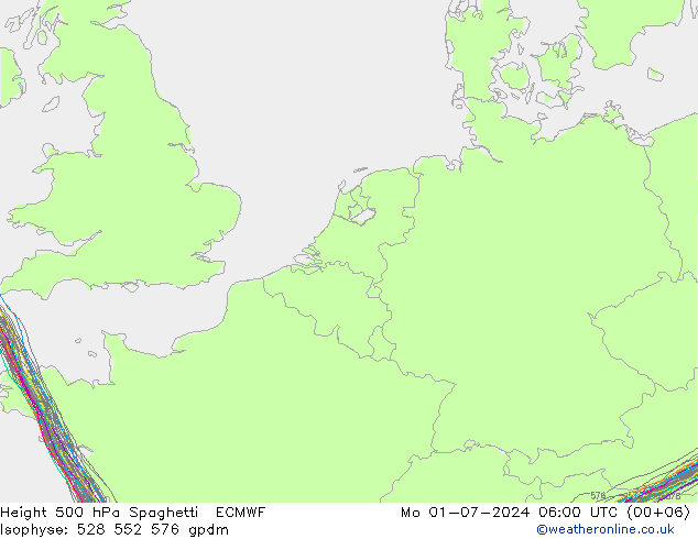 Height 500 hPa Spaghetti ECMWF 星期一 01.07.2024 06 UTC