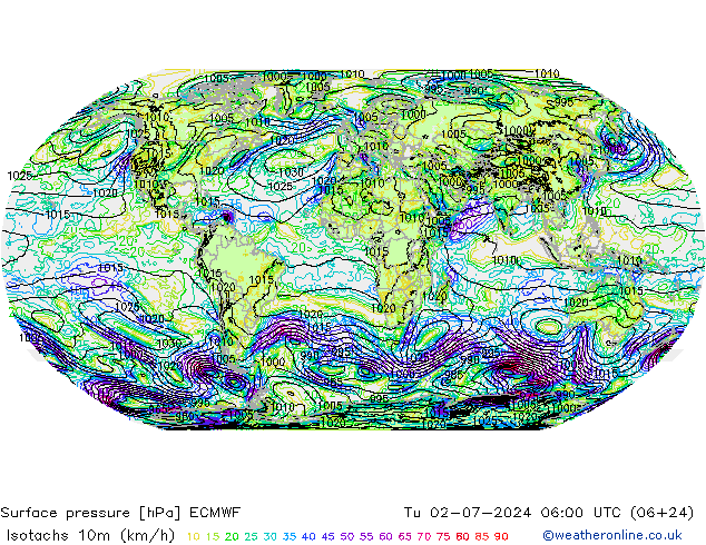 Isotachen (km/h) ECMWF di 02.07.2024 06 UTC