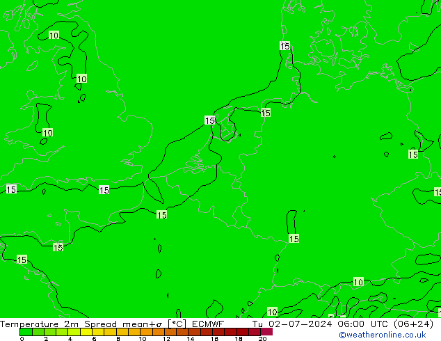 Temperatuurkaart Spread ECMWF di 02.07.2024 06 UTC