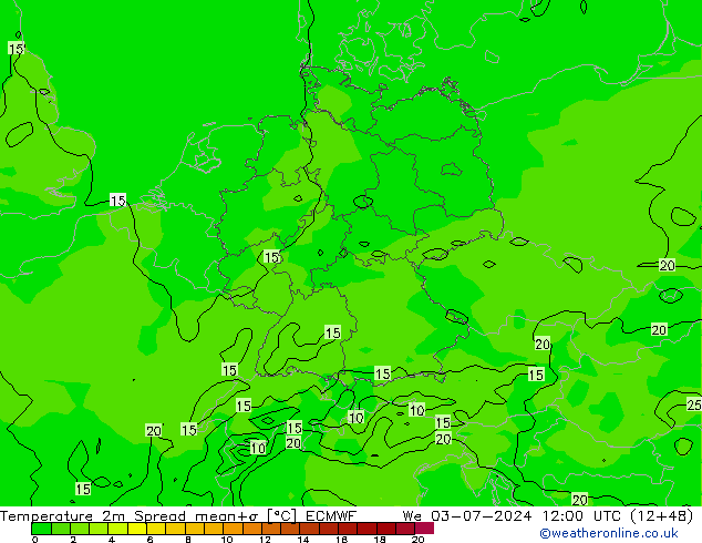 温度图 Spread ECMWF 星期三 03.07.2024 12 UTC