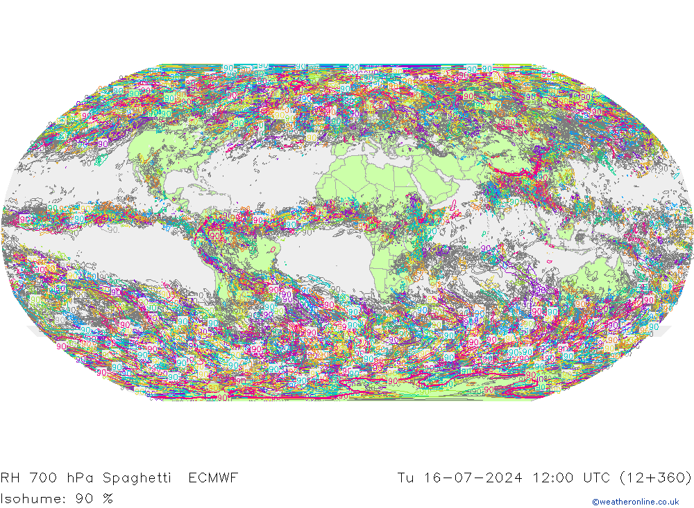 RH 700 hPa Spaghetti ECMWF 星期二 16.07.2024 12 UTC