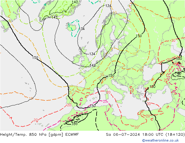 Height/Temp. 850 hPa ECMWF 星期六 06.07.2024 18 UTC