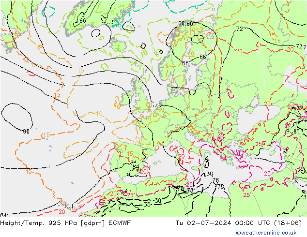 Height/Temp. 925 hPa ECMWF 星期二 02.07.2024 00 UTC