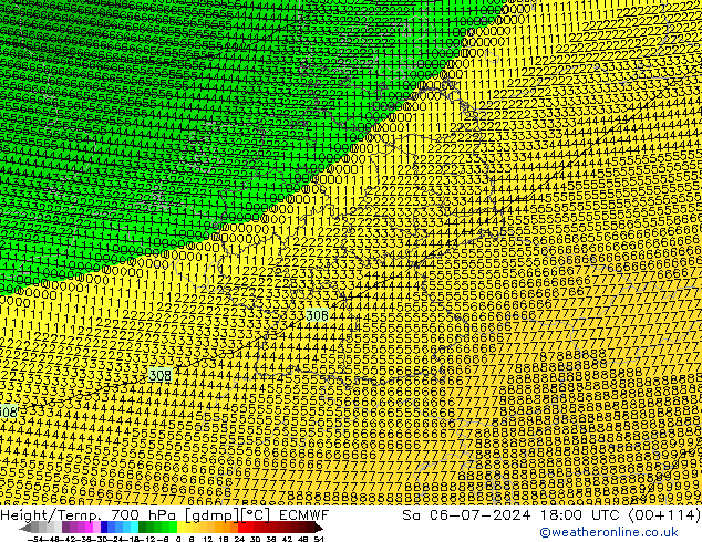 Hoogte/Temp. 700 hPa ECMWF za 06.07.2024 18 UTC
