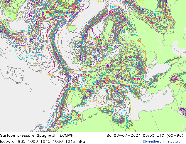 地面气压 Spaghetti ECMWF 星期六 06.07.2024 00 UTC