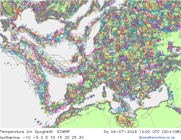 温度图 Spaghetti ECMWF 星期六 06.07.2024 12 UTC