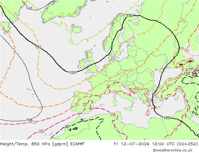 Hoogte/Temp. 850 hPa ECMWF vr 12.07.2024 12 UTC
