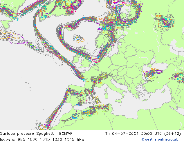 地面气压 Spaghetti ECMWF 星期四 04.07.2024 00 UTC