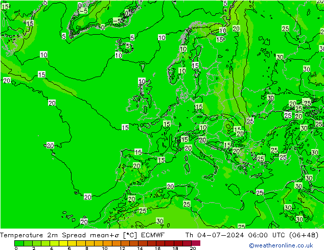 Temperatuurkaart Spread ECMWF do 04.07.2024 06 UTC