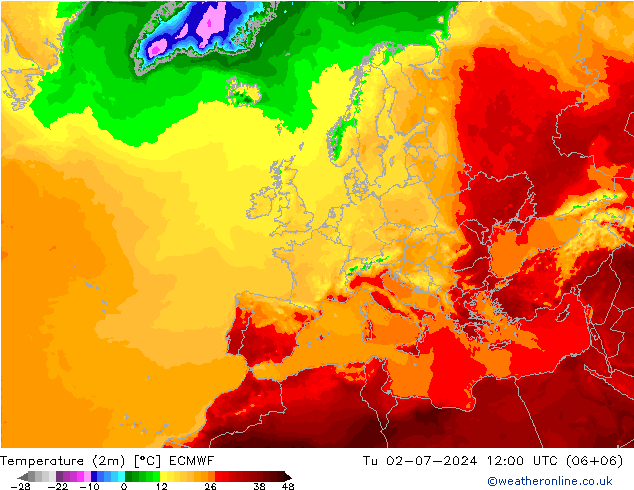 Temperature (2m) ECMWF Tu 02.07.2024 12 UTC