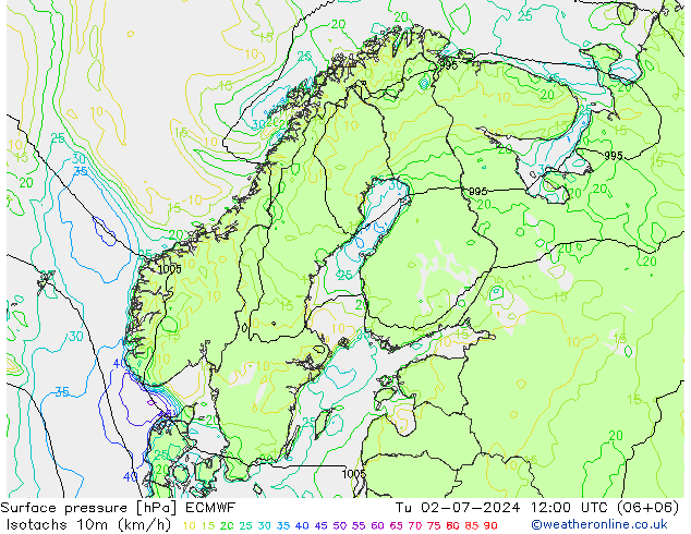 10米等风速线 (kph) ECMWF 星期二 02.07.2024 12 UTC