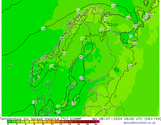 Temperatuurkaart Spread ECMWF ma 08.07.2024 06 UTC