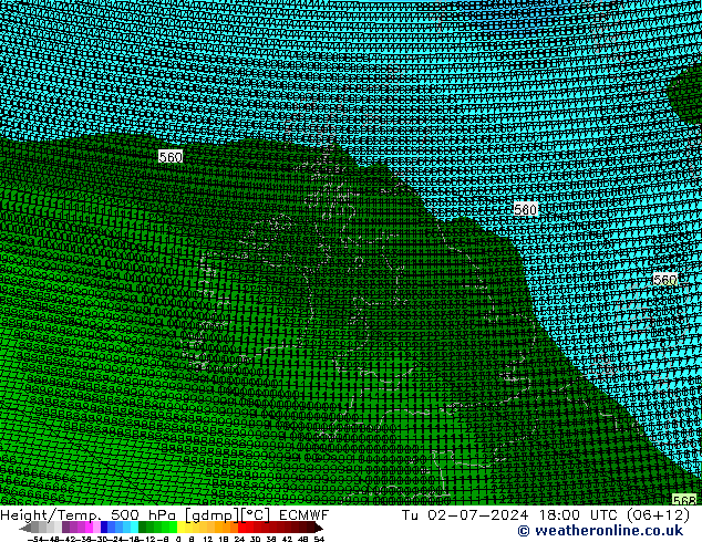 Hoogte/Temp. 500 hPa ECMWF di 02.07.2024 18 UTC