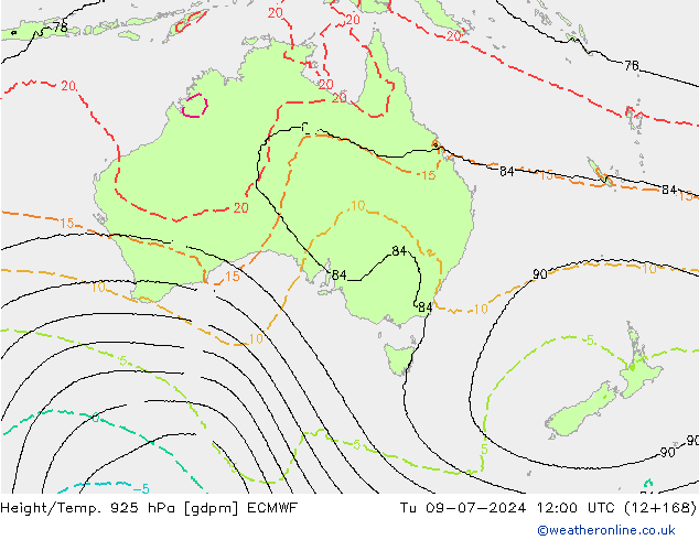 Hoogte/Temp. 925 hPa ECMWF di 09.07.2024 12 UTC