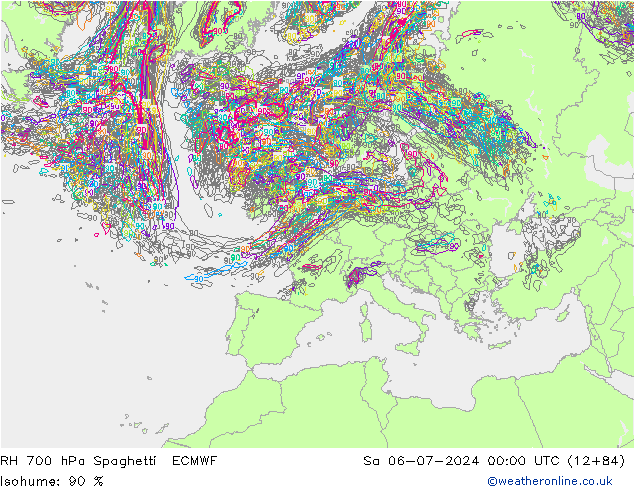 RH 700 hPa Spaghetti ECMWF 星期六 06.07.2024 00 UTC