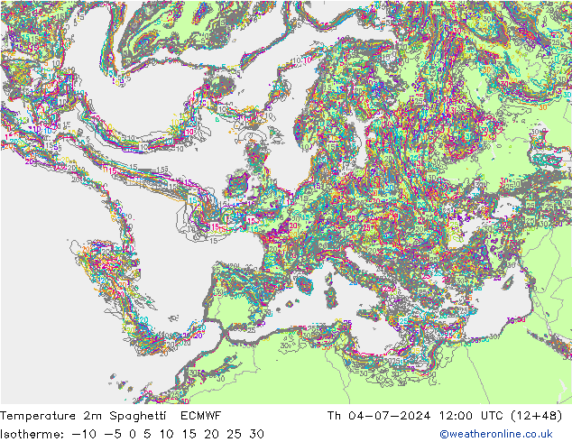 温度图 Spaghetti ECMWF 星期四 04.07.2024 12 UTC