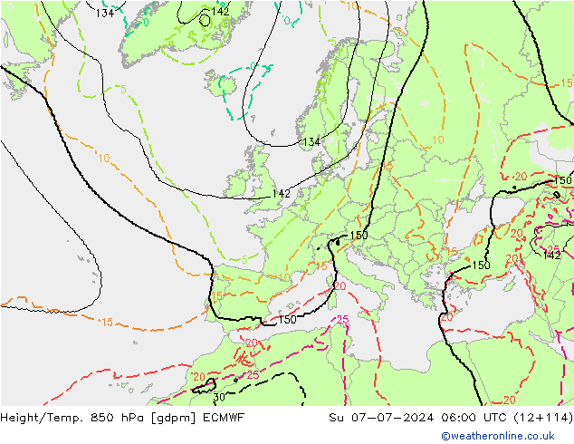 Hoogte/Temp. 850 hPa ECMWF zo 07.07.2024 06 UTC