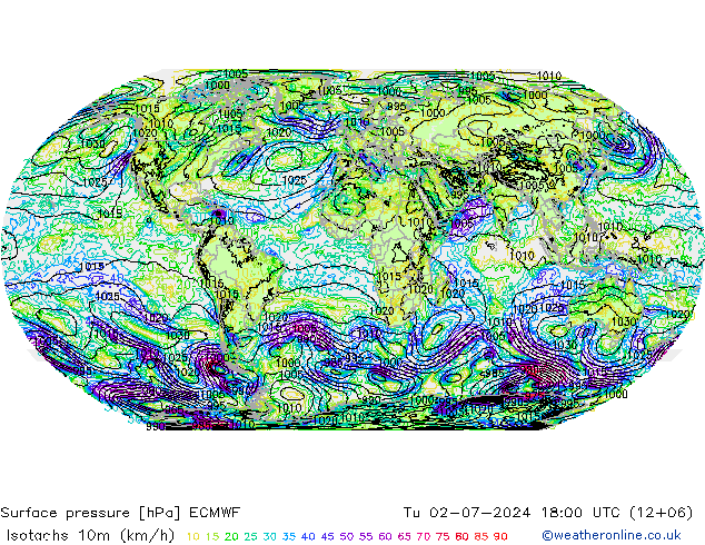 10米等风速线 (kph) ECMWF 星期二 02.07.2024 18 UTC