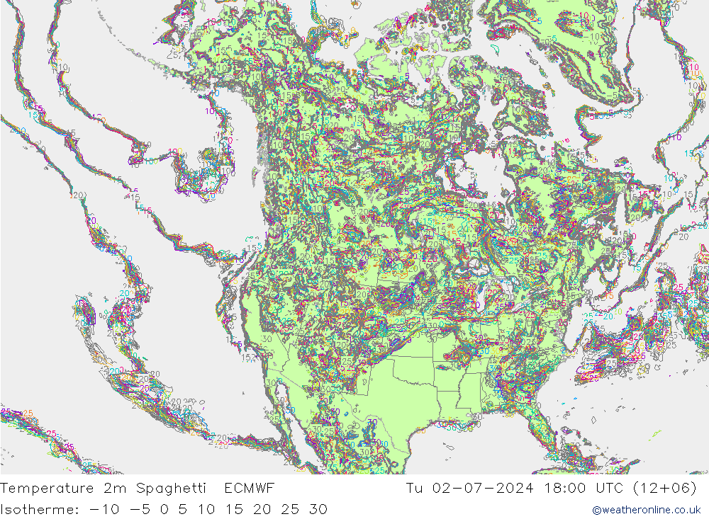温度图 Spaghetti ECMWF 星期二 02.07.2024 18 UTC