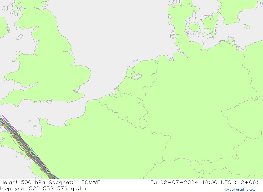 Height 500 hPa Spaghetti ECMWF 星期二 02.07.2024 18 UTC