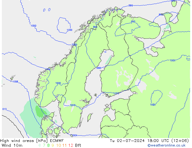 High wind areas ECMWF 星期二 02.07.2024 18 UTC