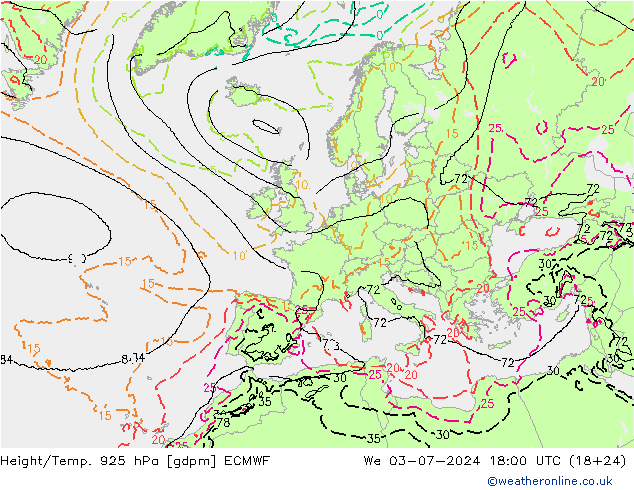 Hoogte/Temp. 925 hPa ECMWF wo 03.07.2024 18 UTC