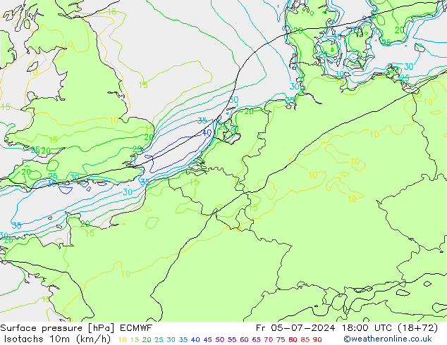 10米等风速线 (kph) ECMWF 星期五 05.07.2024 18 UTC