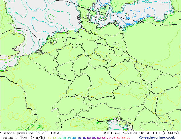 Isotachen (km/h) ECMWF wo 03.07.2024 06 UTC
