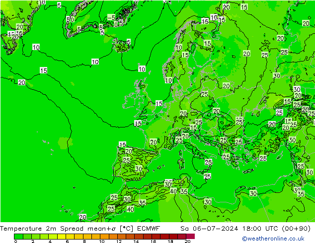 Temperatuurkaart Spread ECMWF za 06.07.2024 18 UTC