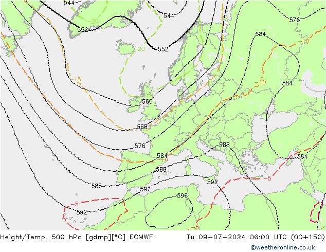 Hoogte/Temp. 500 hPa ECMWF di 09.07.2024 06 UTC