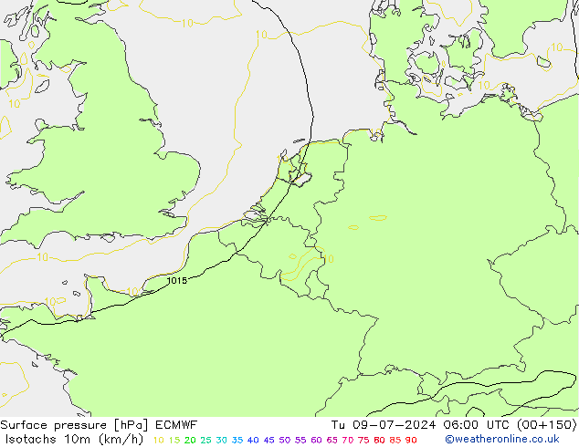 Isotachen (km/h) ECMWF di 09.07.2024 06 UTC