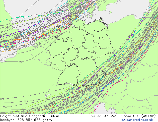 Hoogte 500 hPa Spaghetti ECMWF zo 07.07.2024 06 UTC