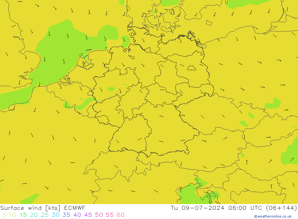 Wind 10 m ECMWF di 09.07.2024 06 UTC