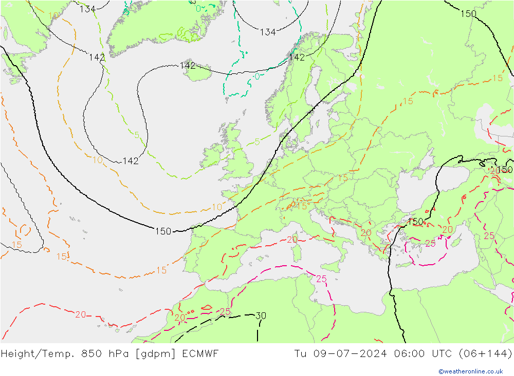 Hoogte/Temp. 850 hPa ECMWF di 09.07.2024 06 UTC
