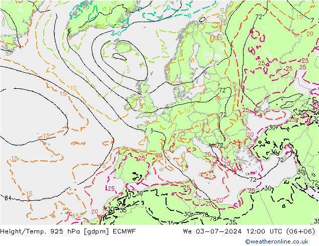 Hoogte/Temp. 925 hPa ECMWF wo 03.07.2024 12 UTC