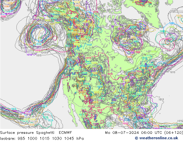Luchtdruk op zeeniveau Spaghetti ECMWF ma 08.07.2024 06 UTC