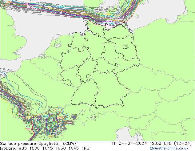 地面气压 Spaghetti ECMWF 星期四 04.07.2024 12 UTC
