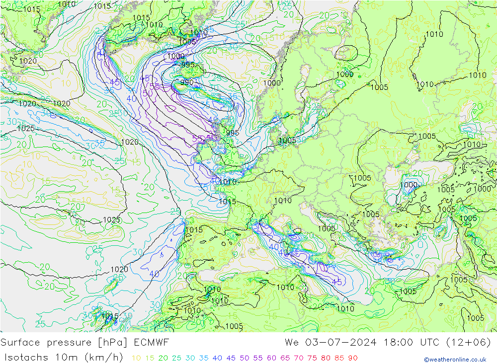 10米等风速线 (kph) ECMWF 星期三 03.07.2024 18 UTC
