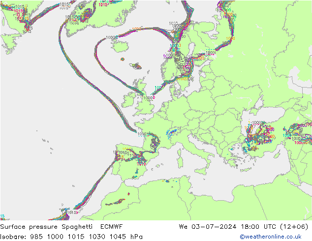 地面气压 Spaghetti ECMWF 星期三 03.07.2024 18 UTC