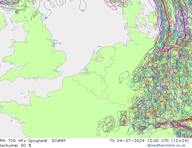 RH 700 hPa Spaghetti ECMWF 星期四 04.07.2024 12 UTC