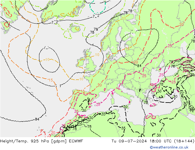 Height/Temp. 925 hPa ECMWF 星期二 09.07.2024 18 UTC