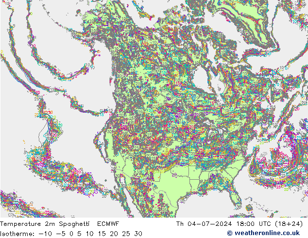 温度图 Spaghetti ECMWF 星期四 04.07.2024 18 UTC