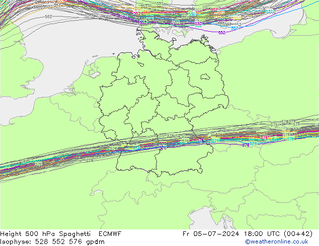 Height 500 hPa Spaghetti ECMWF 星期五 05.07.2024 18 UTC