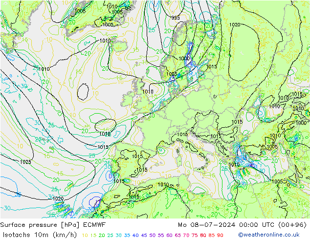 10米等风速线 (kph) ECMWF 星期一 08.07.2024 00 UTC