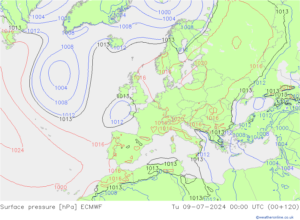 地面气压 ECMWF 星期二 09.07.2024 00 UTC