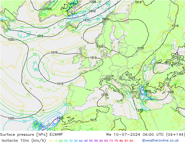 10米等风速线 (kph) ECMWF 星期三 10.07.2024 06 UTC