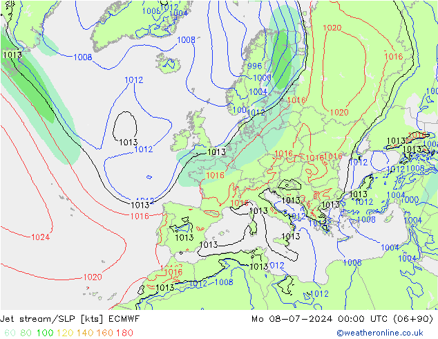 Straalstroom/SLP ECMWF ma 08.07.2024 00 UTC