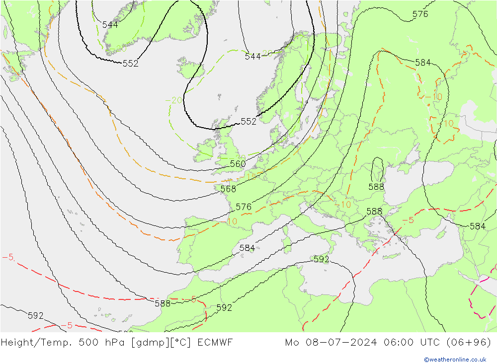 Hoogte/Temp. 500 hPa ECMWF ma 08.07.2024 06 UTC