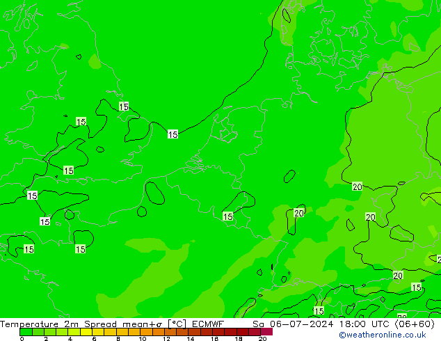 温度图 Spread ECMWF 星期六 06.07.2024 18 UTC
