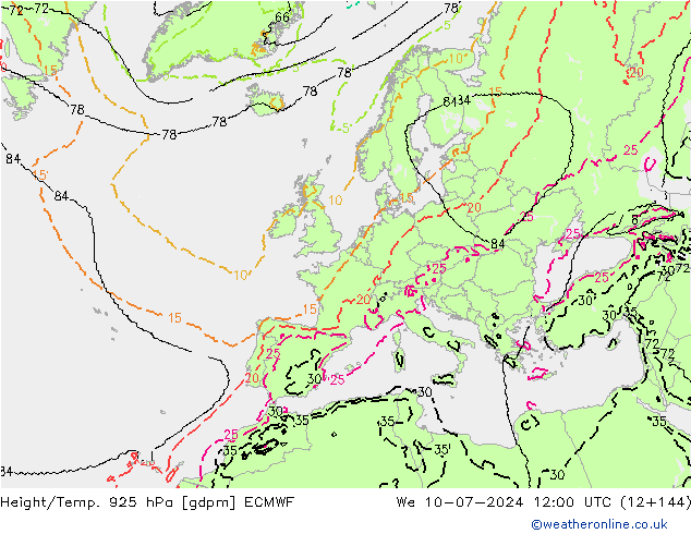 Hoogte/Temp. 925 hPa ECMWF wo 10.07.2024 12 UTC